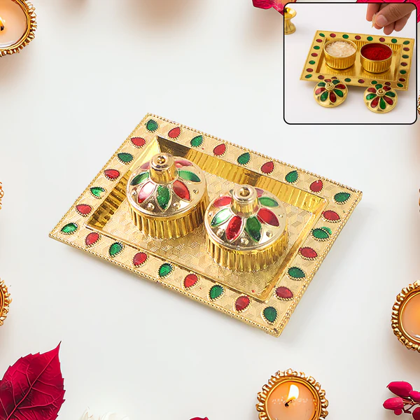 Rakasha Bandhan Special Puja Thali, Kumkum Thali Holder, Pooja Return Gift, Indian Housewarming Gifts, Brother / Bhai / Bhabhi / Sister / Family for Rakshabandhan, Diwali (Mix Design)
