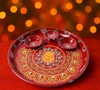 Hand-Painted Decorative Pooja Thali with Ganesha Motif and Diyas
