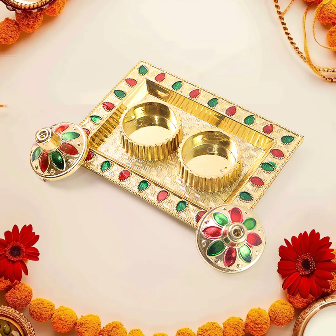 Rakasha Bandhan Special Puja Thali, Kumkum Thali Holder, Pooja Return Gift, Indian Housewarming Gifts, Brother / Bhai / Bhabhi / Sister / Family for Rakshabandhan, Diwali (Mix Design) - Image 3